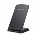 A black wireless charging stand with a sleek, angled design, featuring the text 'FAST CHARGE' printed in white on the upper half. It has a small blue LED light indicator on the front base and is shown on a clean white background.