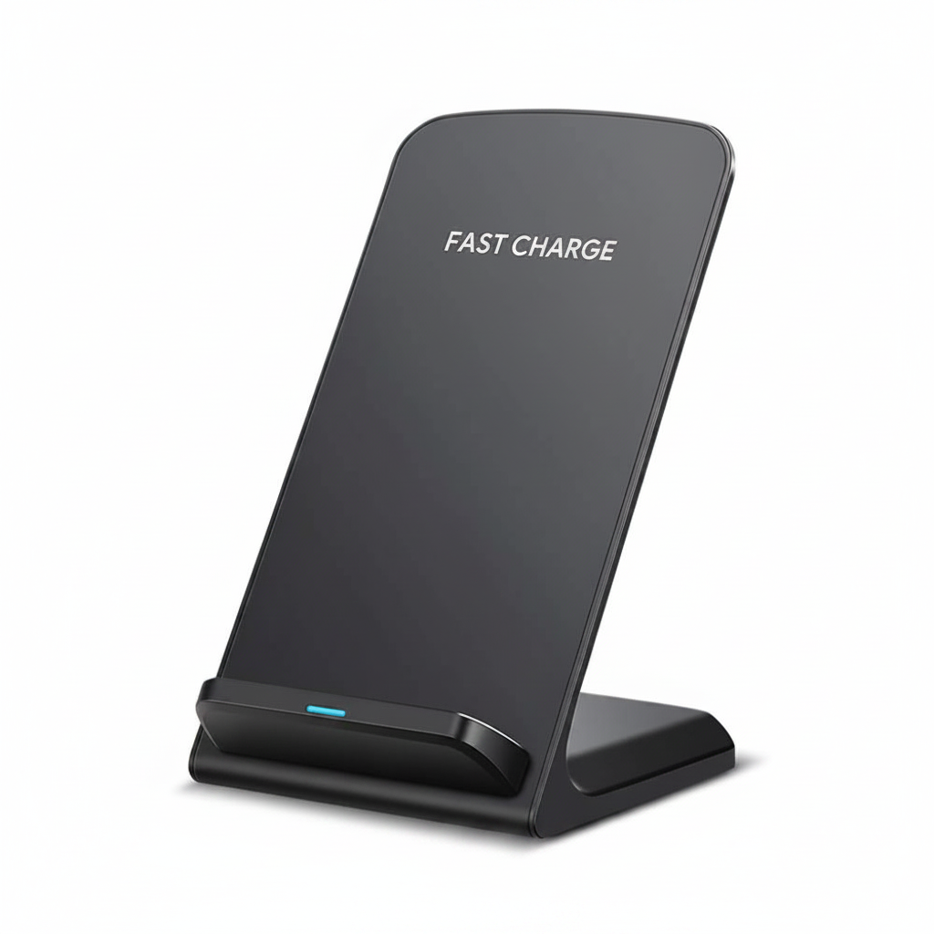 A black wireless charging stand with a sleek, angled design, featuring the text 'FAST CHARGE' printed in white on the upper half. It has a small blue LED light indicator on the front base and is shown on a clean white background.