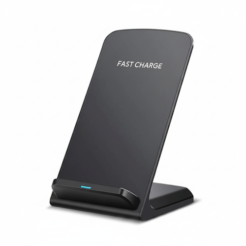 A black wireless charging stand with a sleek, angled design, featuring the text 'FAST CHARGE' printed in white on the upper half. It has a small blue LED light indicator on the front base and is shown on a clean white background.