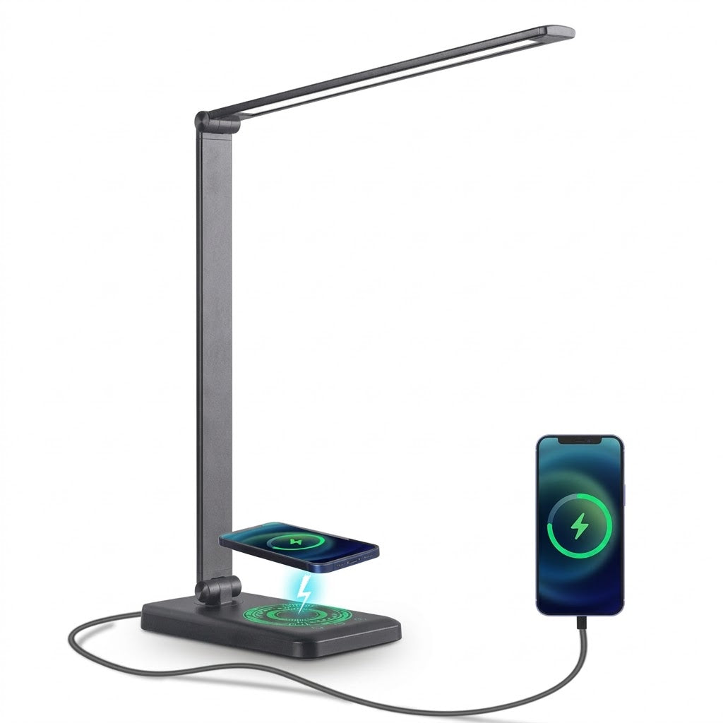 Sleek black LED desk lamp with built-in wireless charging pad and USB port, demonstrating dual smartphone charging.
